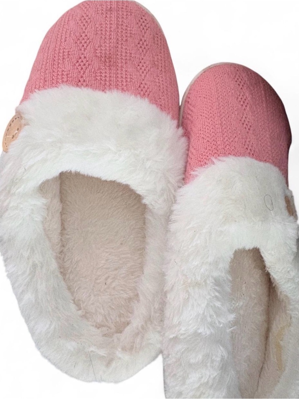 NWOT Pink Knit Slippers with White Faux-Fur Collar